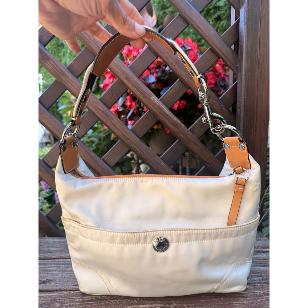 Coach Hampton Hobo Nylon Cream Tan Leather Shoulder Bag F11668